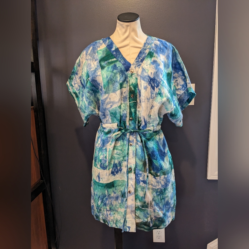 Osei Duro Blue and Green Abstract Button-Down Dress